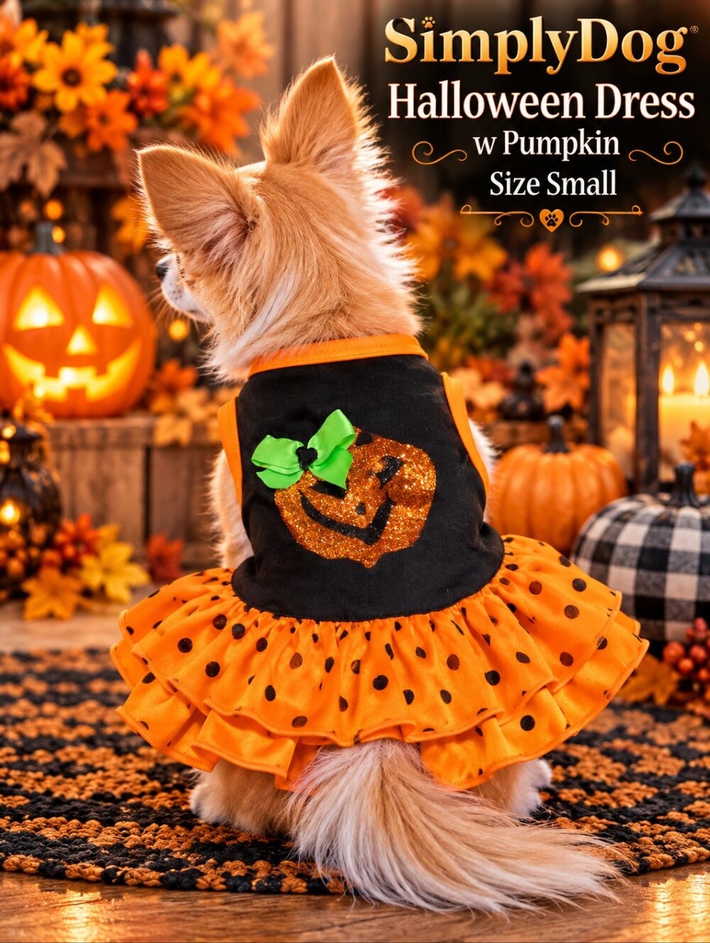 Black & orange Halloween dress with glitter pumpkin face and green bow Size S
